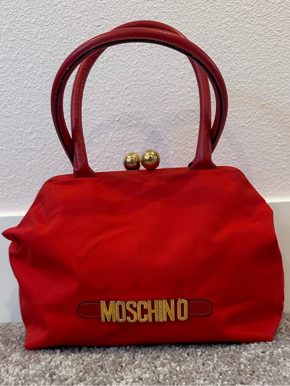 Moschino Red Satchel with Gold Logo and Kiss Lock